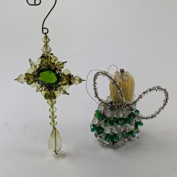 Vintage Beaded Christmas Ornament Cross Safety Pin Angel Green 90s Handmade OOAK - Picture 3 of 15